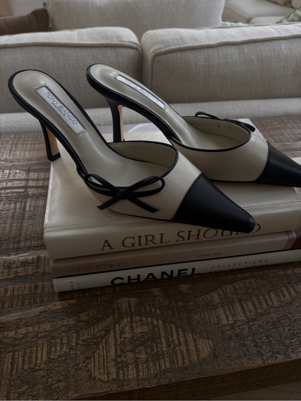 Tony Bianco Black and White Pointed Mule Heels with Buckle Trim